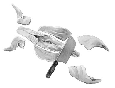 black and white illustration of a cleaver chopping through the loin of a rabbit carcass